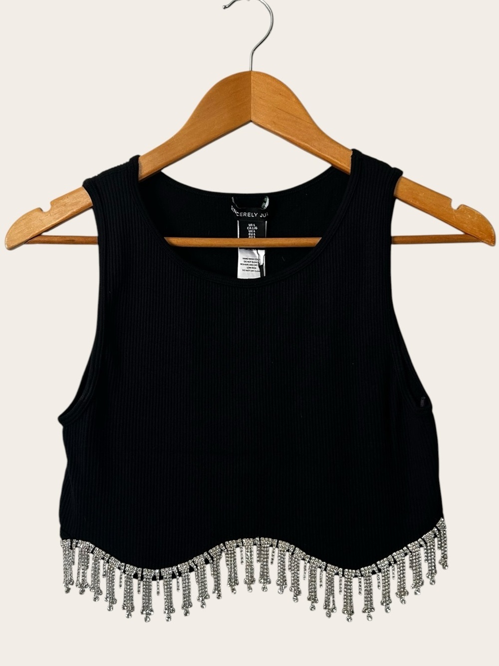 Sincerely Jules Black Ribbed Crop Top with Silver Beaded Fringe